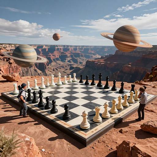 Photograph of a giant chessboard with oversized black and white pieces on a desert canyon cliff, with floating Saturn-like planets in a bright blue sky.