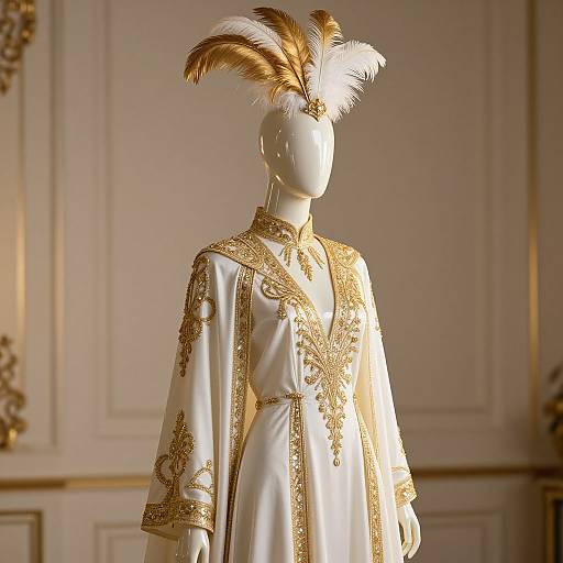 Photograph of a white mannequin wearing an ornate, gold-embroidered white robe with a tall, feathered headdress, set