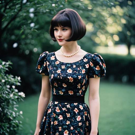 Woman in Elegant 1980s Floral Dress with Pearls
