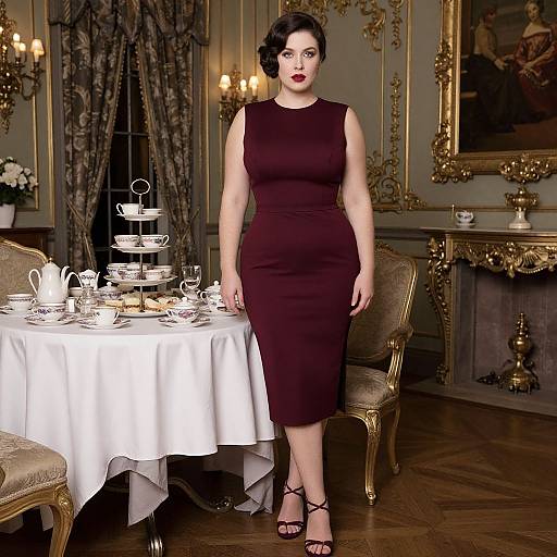 Photograph of a fair-skinned woman with dark, wavy hair in a sleeveless, form-fitting burgundy dress, standing in an op
