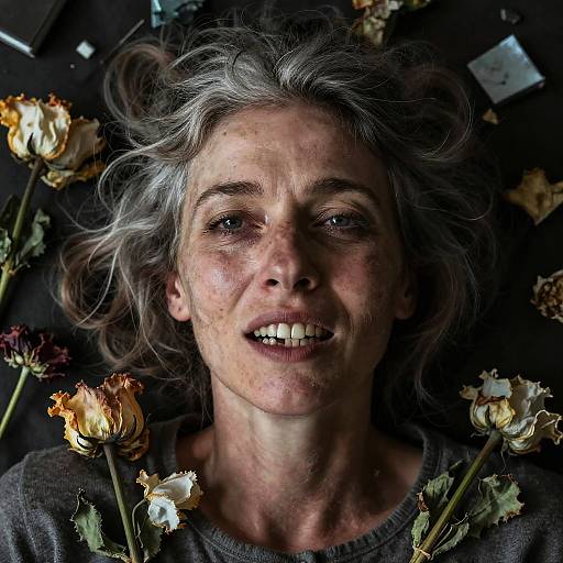 Photograph of a middle-aged woman with gray, wavy hair, freckled face, and smiling, surrounded by wilted roses, lying on