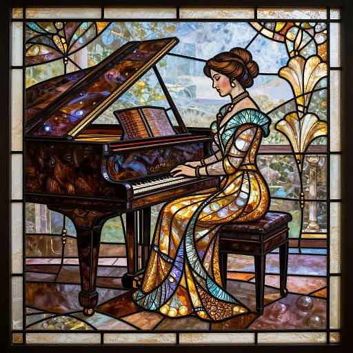 Stained glass artwork of a woman in a yellow, blue-patterned dress playing a grand piano in a sunlit room.