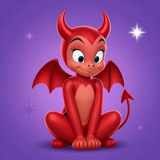 Cartoon red demon baby with wings, horns, and tail sitting on purple background, smiling with large eyes, star sparkles around.