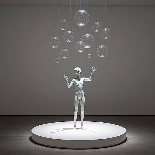 Digital artwork of a silver, featureless, humanoid figure on a glowing circular platform, levitating transparent bubbles above its outstretched hands in a minimalist