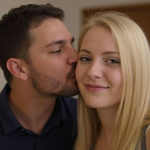 Photograph of a smiling blonde woman with straight hair, next to a dark-haired man with a beard kissing her cheek. Both wear dark shirts, background