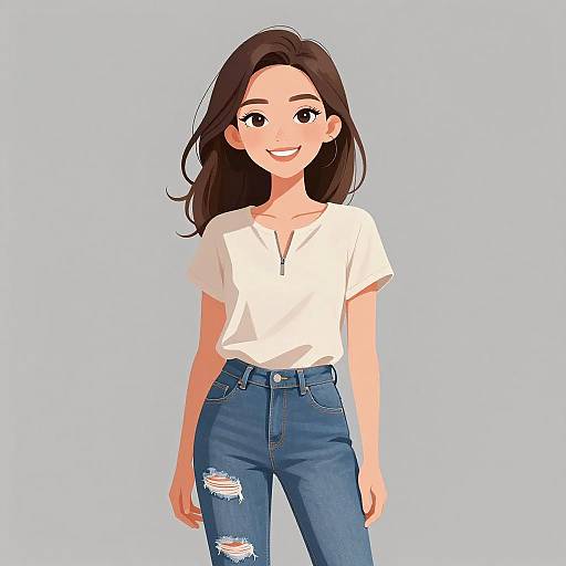 Digital anime-style drawing of a smiling young woman with long brown hair, wearing a white V-neck shirt and blue, ripped jeans, against a light blue