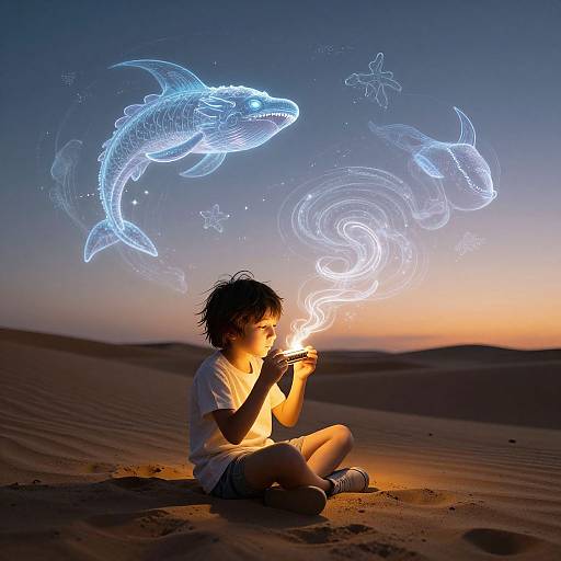 Photograph of a young boy with messy hair, sitting on sand at sunset, holding glowing fish-like lights in a desert sky.
