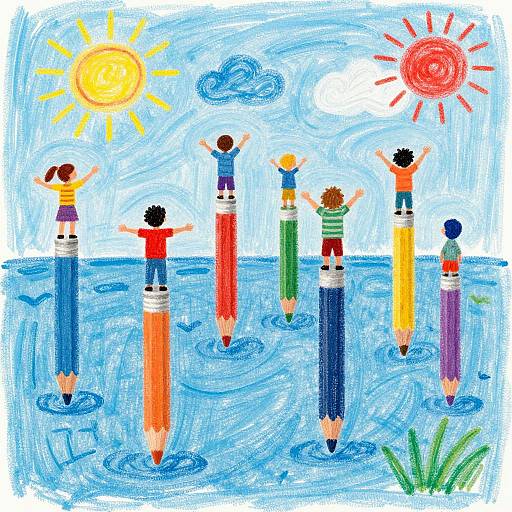 Colorful drawing of six children standing on oversized pencils in the ocean, arms raised, under bright sun and blue sky.