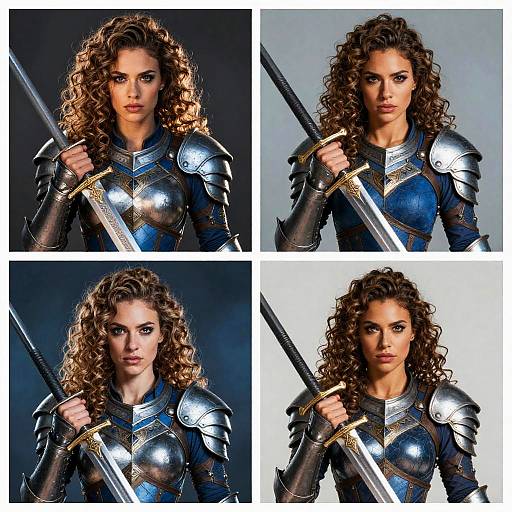 Photograph collage of a curly-haired woman in silver medieval armor, holding a sword, with serious expressions, dark and light backgrounds.