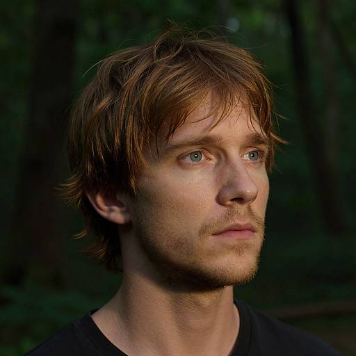 Photograph of a young, fair-skinned man with light brown, tousled hair, blue eyes, and faint beard, wearing a black shirt,