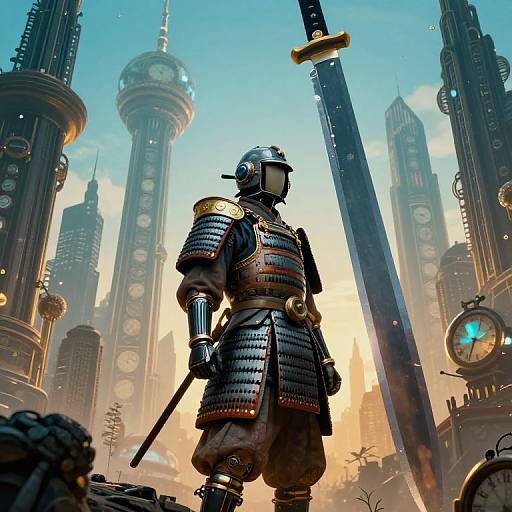 Digital art of a futuristic samurai in armor, standing with sword in hand, amidst towering clock-towered cityscape at sunset.