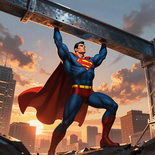 Superman Lifting Steel Beam at Sunset