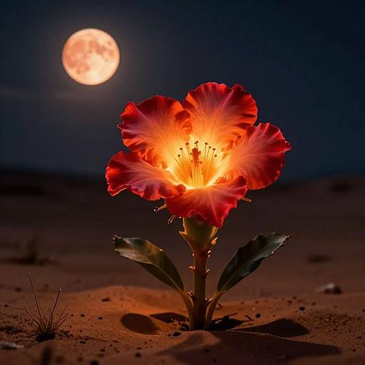 Photograph of a vividly glowing red flower with bright yellow center, illuminated by full moon, against a dark desert night sky.
