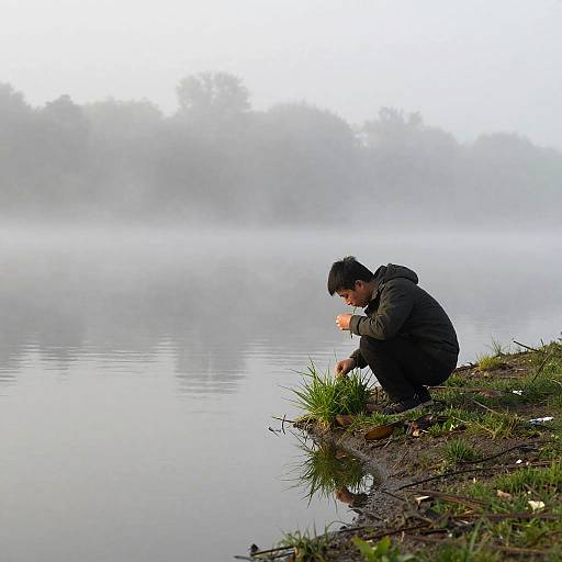Man Eating Grass Lakeside Morning