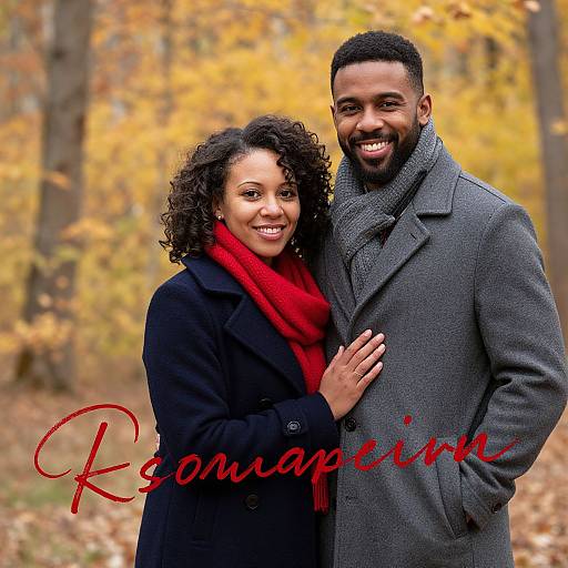 Photograph of smiling Black couple in autumn forest; woman with curly hair in black coat and red scarf, man in gray coat and scarf. 