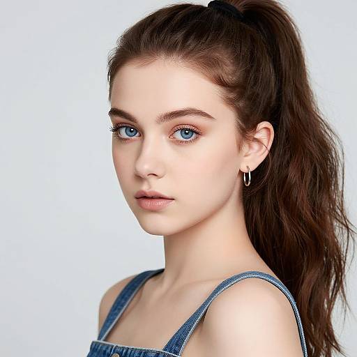 Photograph of a young woman with fair skin, blue eyes, and long brown hair in a ponytail, wearing blue denim overalls and small hoop
