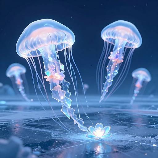 Photorealistic CGI of glowing blue and white jellyfish with translucent, flowing tentacles, floating gracefully in a dark, starry ocean.