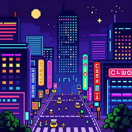 Pixel art of a vibrant, neon-lit city street at night with colorful signs, glowing buildings, small cars, and pedestrians under a bright moon.