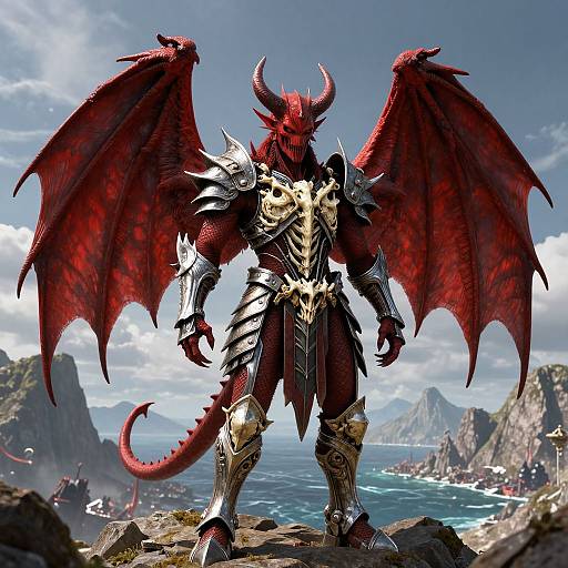 Digital art: Red dragon warrior with massive wings, golden and black armor, standing on rocky cliff overlooking ocean and distant mountains.