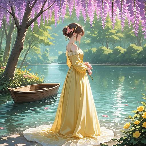 Woman in Yellow Dress by Lake Under Wisteria Blossoms