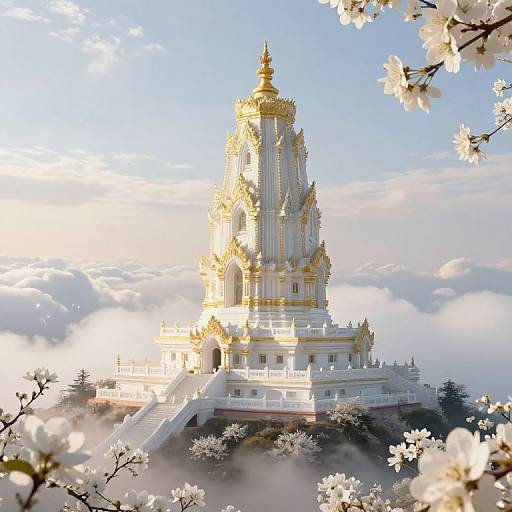 Photograph of an ornate, golden-topped Buddhist stupa surrounded by white cherry blossoms, set against a bright, cloud-filled sky.