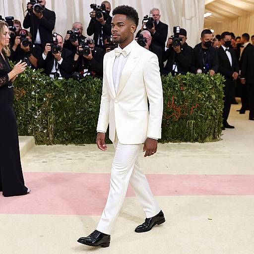 Photograph of a Black man in a white tuxedo walking on a red and cream carpet, surrounded by photographers at a formal event.