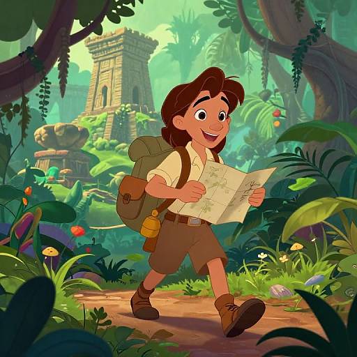 Cartoon boy explorer with brown hair, tan shirt, brown shorts, and backpack, walks through lush jungle holding a map, approaching ancient stone ruins in