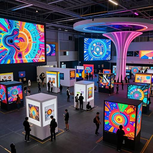 Vibrant digital art exhibition with glowing, colorful abstract displays; people viewing illuminated cubes and large screens in a modern warehouse space.