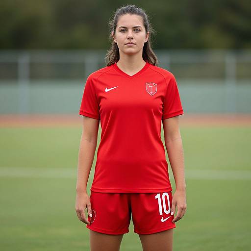 Photograph of a serious-looking woman with dark hair in a ponytail, wearing a red soccer uniform with number 10, standing on a grassy