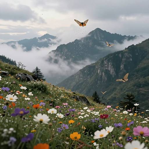 Photograph: Vibrant meadow with colorful wildflowers, butterflies, and two flying insects; misty mountain range and cloudy sky in background.