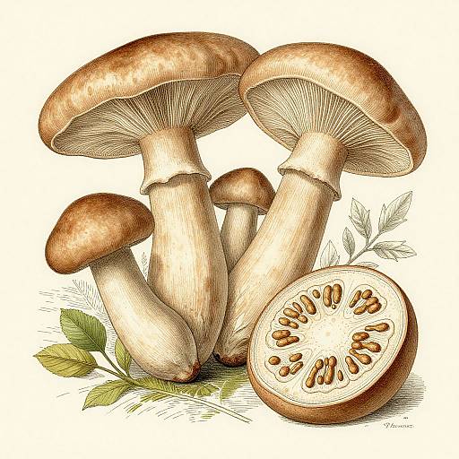 Detailed, colored illustration of five brown-capped mushrooms with white stems, one sliced to show gilled interior, surrounded by green leaves.