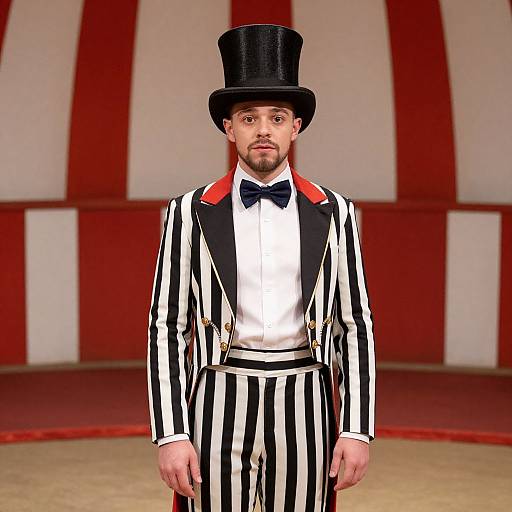 CGI image of a man in a black top hat, black and white striped suit, white shirt, black bow tie, standing on a circus stage