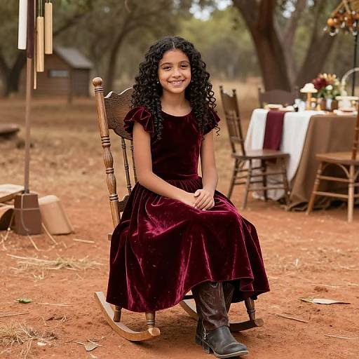 Photograph of a smiling young girl with curly black hair, wearing a deep purple velvet dress and black boots, seated on a wooden rocking chair in a