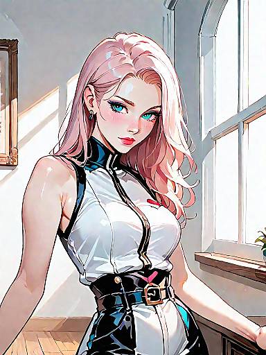 Stylish Woman in Sleeveless Jumpsuit by Window