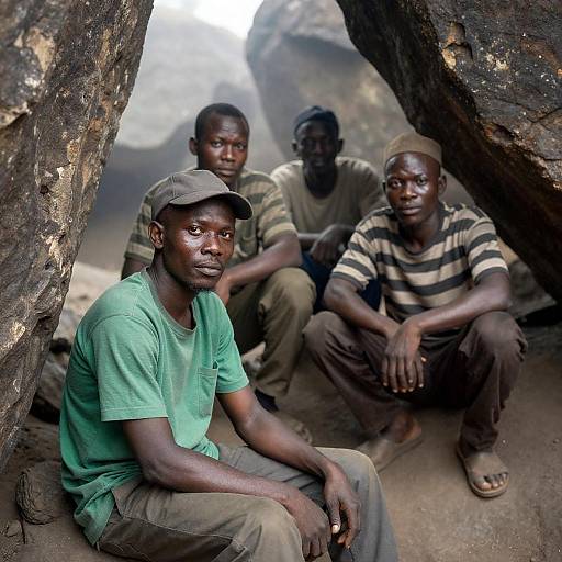 Cautious African Men in Cave Setting