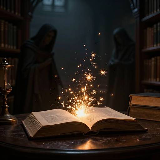 Magic Sparks from Open Book in Ancient Library