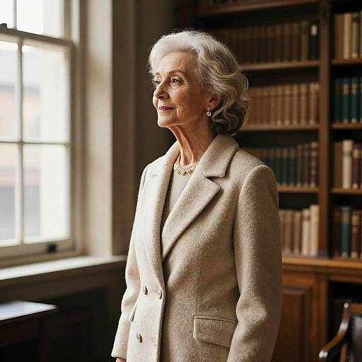 Photograph of an elderly woman with short, wavy gray hair, wearing a beige blazer and necklace, standing in a sunlit library with book