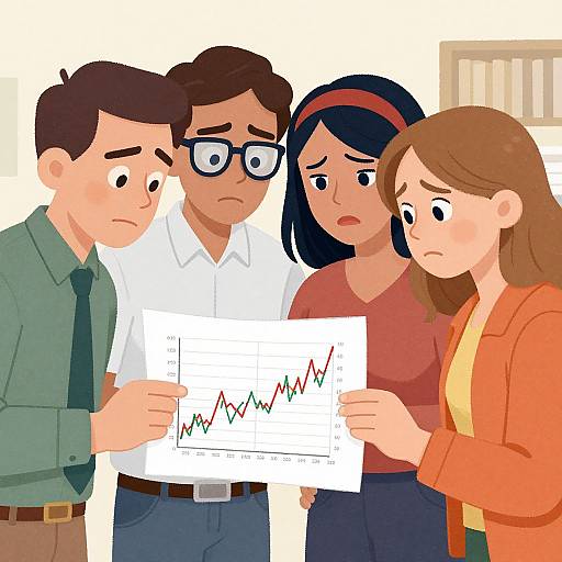 Digital illustration of four worried individuals, three men and one woman, examining a graph with a downward trend in a beige office.