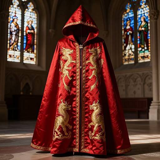 Crimson Silk Hooded Cloak in Medieval Hall