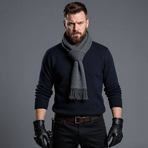 Photograph of a serious, bearded man with short brown hair, wearing a black sweater, gray scarf, black gloves, and black pants, against