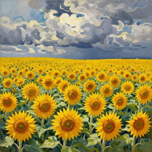Vibrant oil painting of a vast sunflower field under a dramatic, cloudy sky with bold, swirling brushstrokes and bright yellow flowers.
