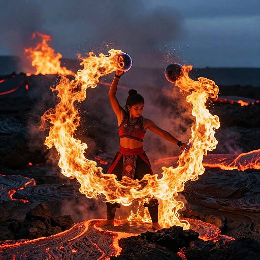 Surreal Fire Dancer Amidst Lava Eruptions