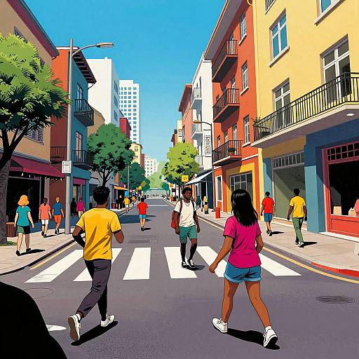 Vibrant digital illustration of a busy urban street crossing with diverse pedestrians in colorful clothes, surrounded by colorful buildings, under a bright blue sky.