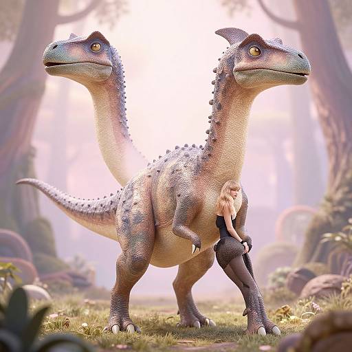 Digital art of two identical, blue-scaled, yellow-eyed dinosaurs with speckled backs, standing side-by-side in a sunlit forest.