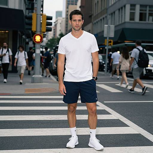 Photograph of a fit, dark-haired man in a white t-shirt, black shorts, white sneakers, and socks standing on a city crosswalk.
