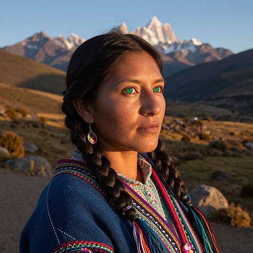 Photograph of a young Indigenous woman with dark braided hair, green eyes, wearing traditional multicolored embroidered clothing, against a mountainous landscape at