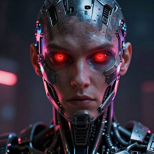 Photorealistic CGI of a cybernetic human with glowing red eyes, metallic headgear, and intricate mechanical features, set against a dark, neon