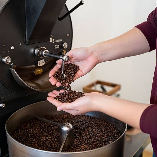 Photograph of hands pouring roasted coffee beans from a black coffee grinder into a metal bowl, with a spoon in the bowl.