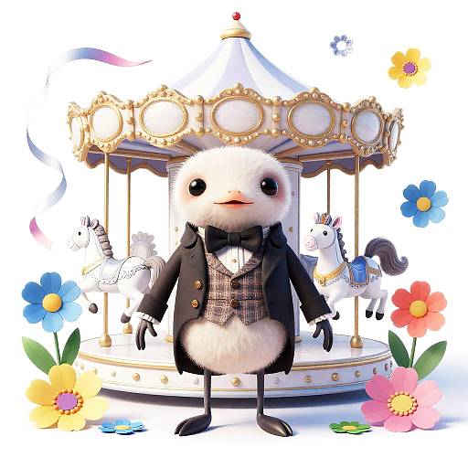 Cute cartoon penguin in a black tuxedo stands before a colorful, ornate carousel with flying birds and vibrant flowers. Digital art.