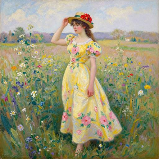 Digital painting of a fair-skinned woman in a yellow floral dress and sunhat, standing in a vibrant, colorful meadow of wildflowers.